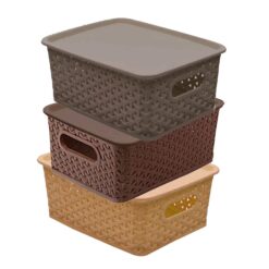 Kitchendesigner Plastic 3 Pieces Small Size Multipurpose Solitaire Storage Basket with Lid