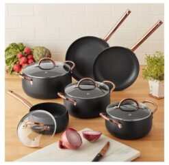 Mainstays 10-Piece Nonstick Cookware Set, Matte Black Rose Gold Handles