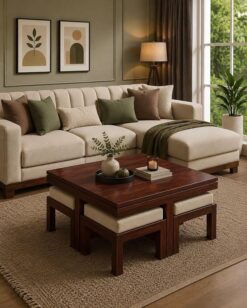 Acamar Solid Sheesham Wood Coffee Table with 4 Stools