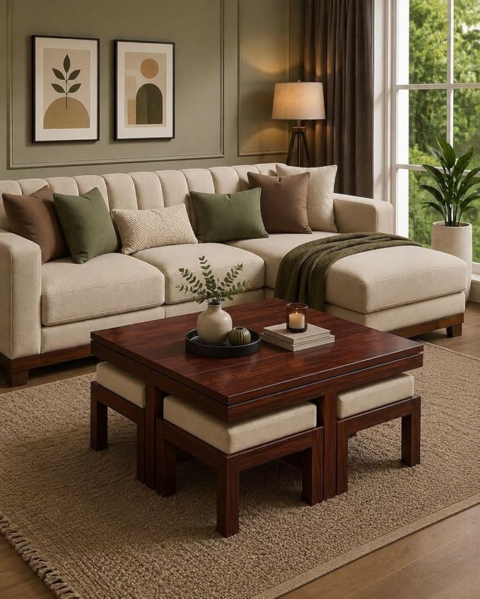 Acamar Solid Sheesham Wood Coffee Table with 4 Stools