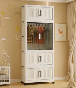 Sasimo 1-Wardrobe 4-Door 4-Shelf Plastic foldable Cupboard PC Collapsible Wardrobe Finish Color - 4.White, DIY(Do-It-Yourself)
