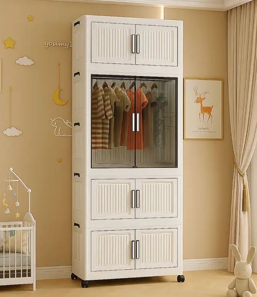 Sasimo 1-Wardrobe 4-Door 4-Shelf Plastic foldable Cupboard PC Collapsible Wardrobe Finish Color - 4.White, DIY(Do-It-Yourself)